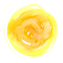 Big bright yellow circle painted in wet watercolor on clean white background
