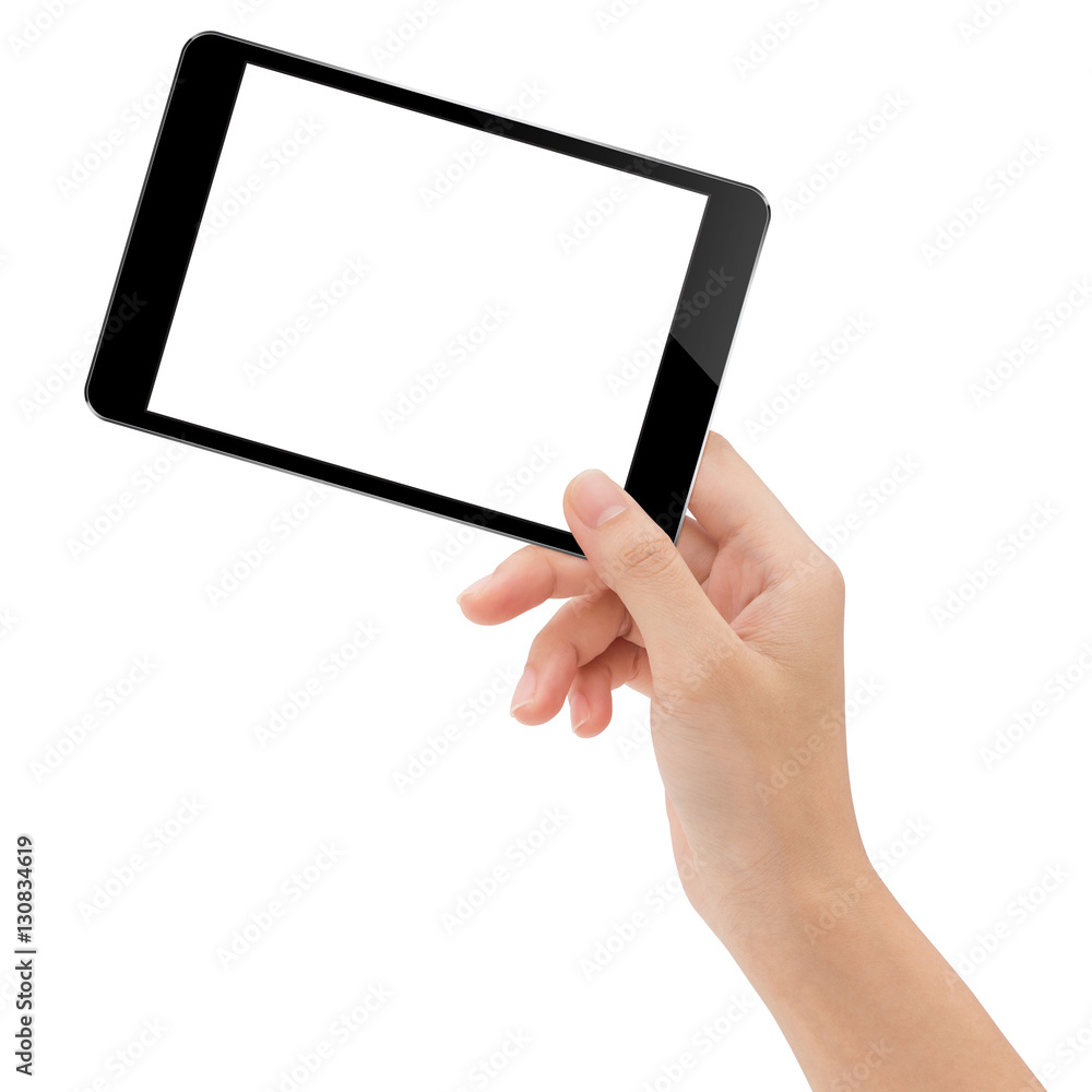 Poster close-up hand holding mock-ups digital tablet on white backgroun