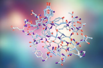 Molecular model of insulin molecule, 3D illustration - obrazy, fototapety, plakaty