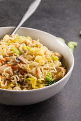 Chinese chicken lo mein with cabbage, carrots, celery, mushrooms, turnips, broccoli, and assorted vegetables on a dark concrete background