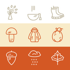Autumn symbols made in vector. Unique and modern set of linear icons isolated on background. Line icon collection.
