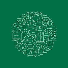 Autumn symbols in circle. Pumpkin, hedgehog, owl, jam  in a linear style. Great graphic for nnouncement, advertisement, flyer or banner.