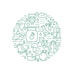 Autumn symbols in circle. Pumpkin, hedgehog, owl, jam  in a linear style. Great graphic for nnouncement, advertisement, flyer or banner.