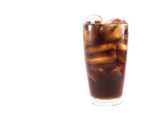 full soft drink is cool and ice cubes  in glass on white backgro