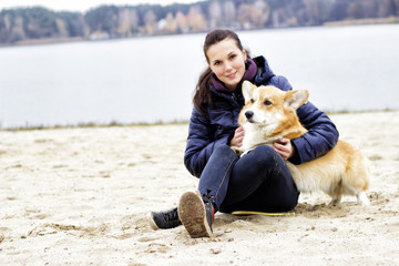 Girl and dog Autumn Walk