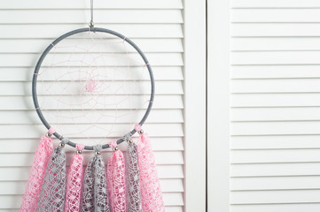 Pink grey dream catcher with crocheted doilies