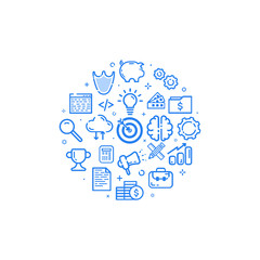 Vector illustration of circular blue icon in flat line style. Design concept of Business, Start up, Management, Online Marketing, Analysis, SEO and development use in Web Project and Applications.