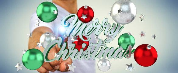 Businessman touching floating christmas message with his finger