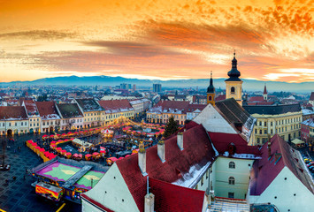 Panoramic view of Sibiu central square in Transylvania, Romania.