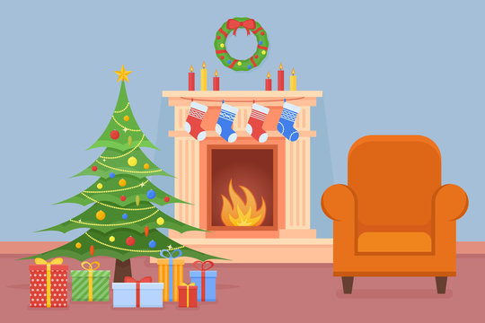 Christmas room interior with fireplace, tree, gifts and armchair. Holiday decorations. Flat style vector illustration.