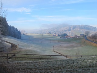 Blick ins winterliche Goldingertal über einen Zaun