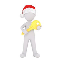 Fototapeta premium 3d toon in Santa hat holding golden key on white