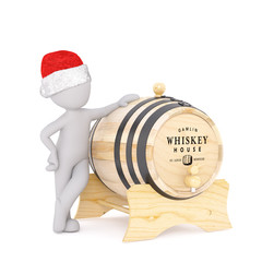 3d toon in Santa hat with whiskey barrel
