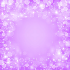 Magical violet background with bokeh lights, stars and sparkles. Vector illustration.
