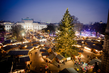 Vienna traditional Christmas Market 2016, aerial view at blue hour - 130840020