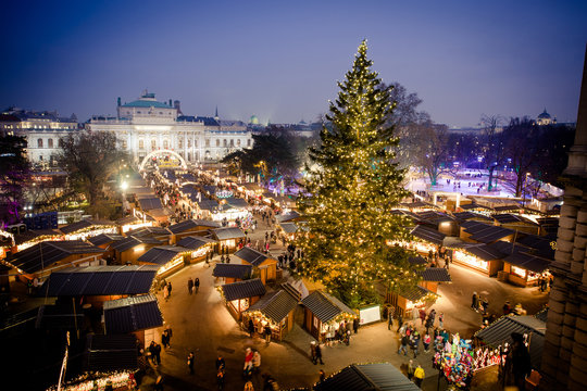 Vienna traditional Christmas Market 2016, aerial view at blue hour