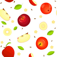 Seamless vector pattern of ripe fruit. Delicious juicy red apples, whole, slice, half, slice, leaves on white background. Illustration can used for printing on fabric, textile in design packaging