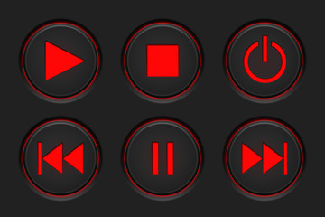 Media player black buttons with red symbols