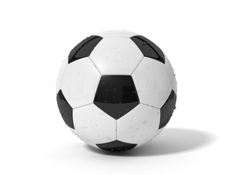 3d illustration of soccer ball with water droplets on surface.