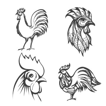 Illustration with silhouette black roosters, cocks. Hand drawn logo. Chinese Zodiac rooster