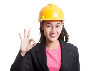 Asian engineer woman show OK sign.