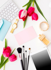 Still life of fashion woman, objects on white background