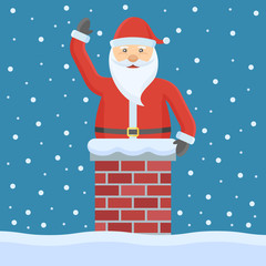 Santa Claus in the chimney. Christmas flat style vector illustration.