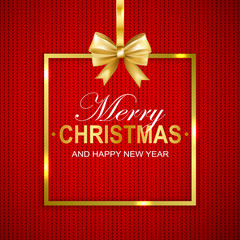 Merry Christmas and Happy New Year frame with gold bow on knitted texture background. Vector illustration.