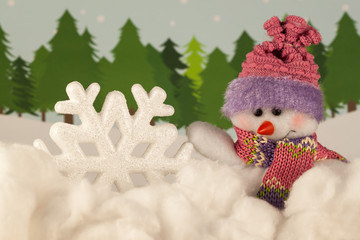Christmas toy snowman in the forest 