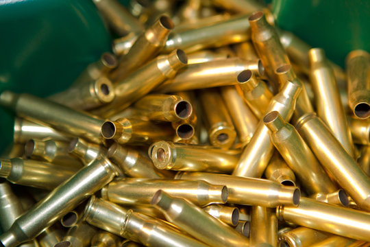 Cleaned brass cases of bullets waiting to be reloaded