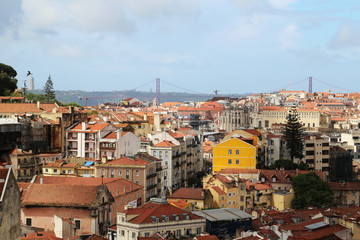 Fototapeta na wymiar Lisbon Historical City and 25th of April Bridge Panorama, Portugal 