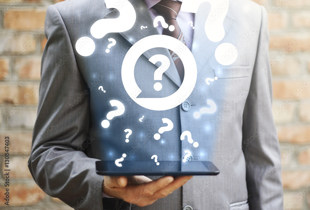 Poster faq service. businessman holding tablet pc with bubble question icon on virtual screen on background