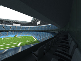Fototapeta na wymiar 3D render of a round football stadium with sky blue seats for hundred thousand fans