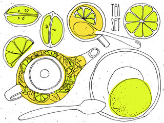 Hand-draw teapot and cup set - green tea with lemons