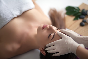 Face Massage. Close-up of a Young Woman Getting Spa Treatment.