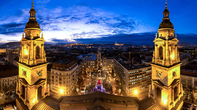 Budapest Saint Stephan Basilica panorama after sunset
