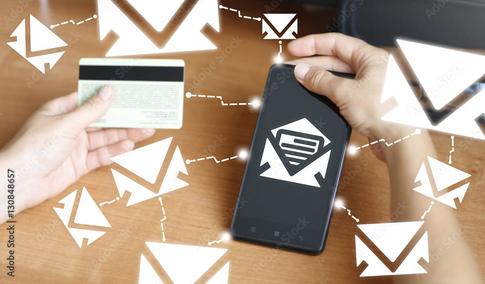 Poster hand keep a smart phone with mail button with sheet paper. hand holding a smartphone with open envel