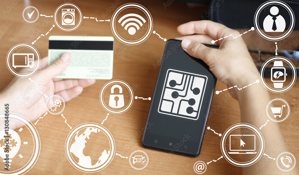 Poster hand keep a smart phone with microchip button. hand holding smartphone with chip icon. concept, tech