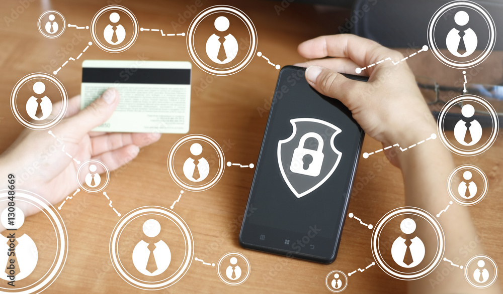 Poster hand keep a smart phone with shield lock button. hand holding a smartphone with sign security. netwo