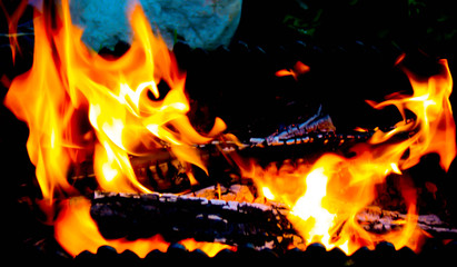 Wood burning in the brazier. Flames fire. Preparation for cooking barbecue.