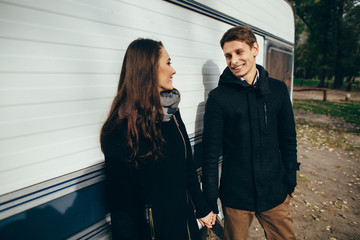 Love couple. Beautiful couple in love looking at each other at outdoors. Love story of couple.