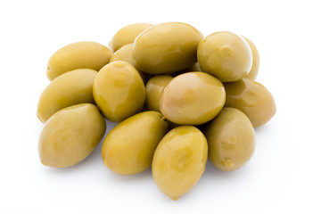 Green big olives on the white background.