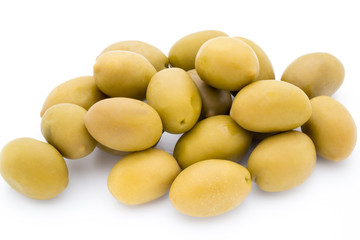 Green big olives on the white background.