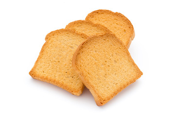 Slices of toast bread on wooden table, top view.