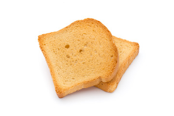 Slices of toast bread on wooden table, top view.
