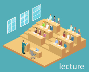 Isometric flat 3D concept vector interior university auditorium.