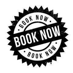 Book now stamp. Grunge design with dust scratches. Effects can be easily removed for a clean, crisp look. Color is easily changed.