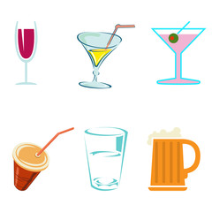 Alcohol drinks and cocktails in glasses