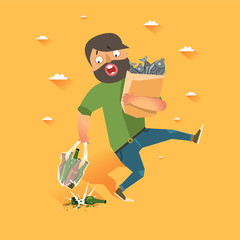 Oops! Concept Shit happens. Broken bottle of beer before party. Plastic shop bag. Colorful vector illustration