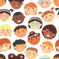 Vector seamless pattern of kids faces different races